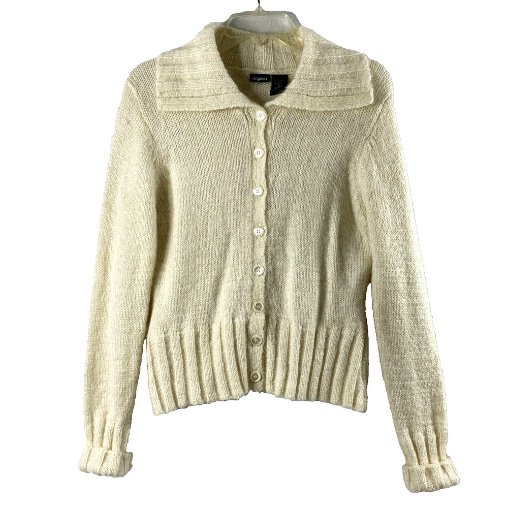Tangents Mohair Blend Cardigan Sweater Womens‎ XL Beige Collared Long Sleeve